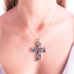 Diamond and Multicolor Gemstone Gold Cross Pendant