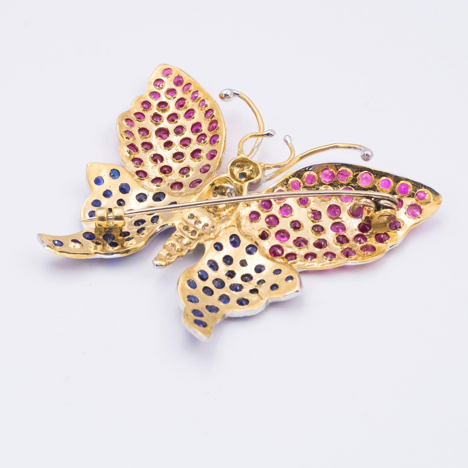 Delightful Blue Sapphire Ruby and Diamond Butterfly Brooch For Sale 1