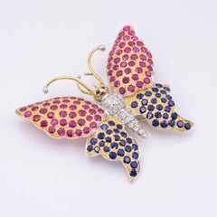 Delightful Blue Sapphire Ruby and Diamond Butterfly Brooch