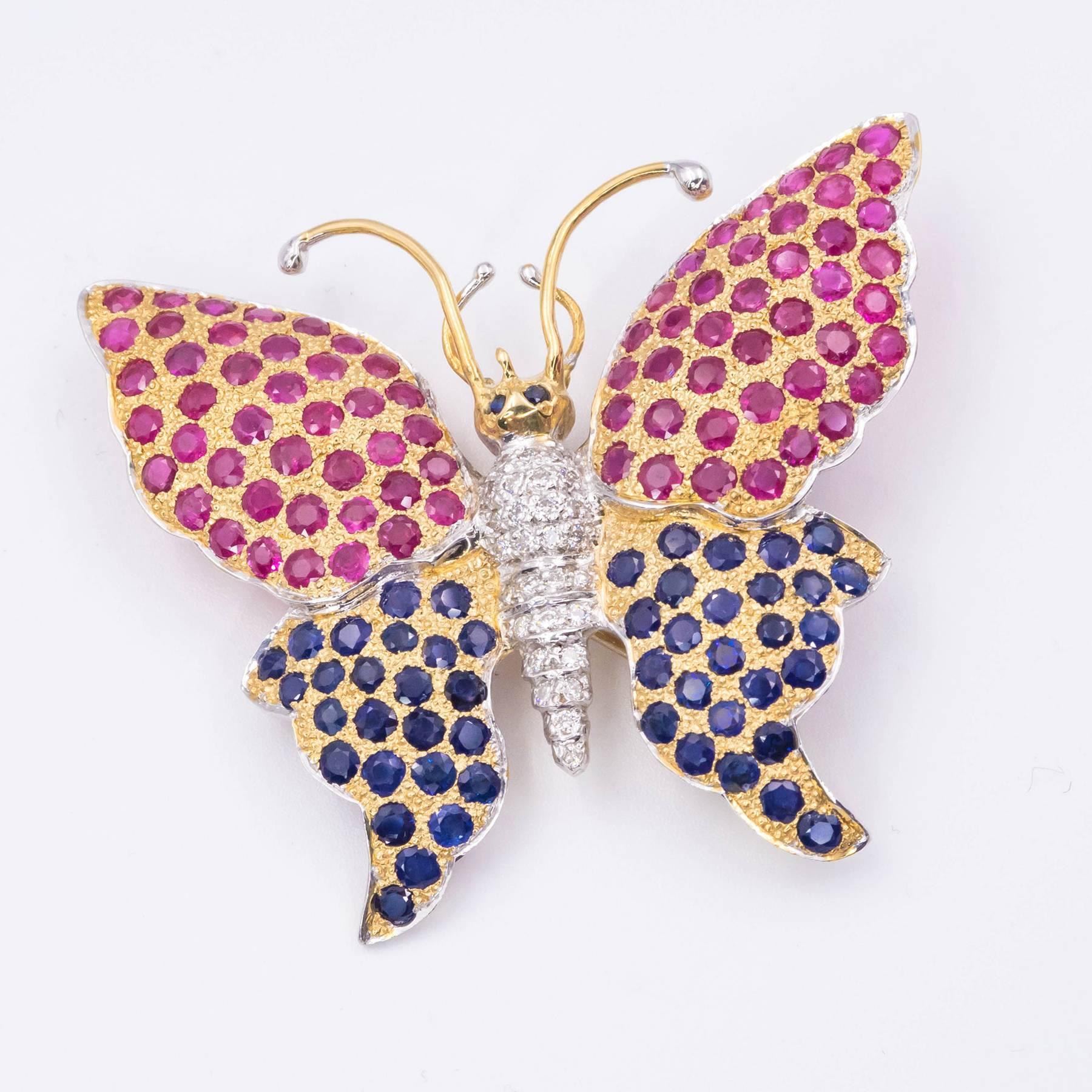 Delightful Blue Sapphire Ruby and Diamond Butterfly Brooch For Sale 3