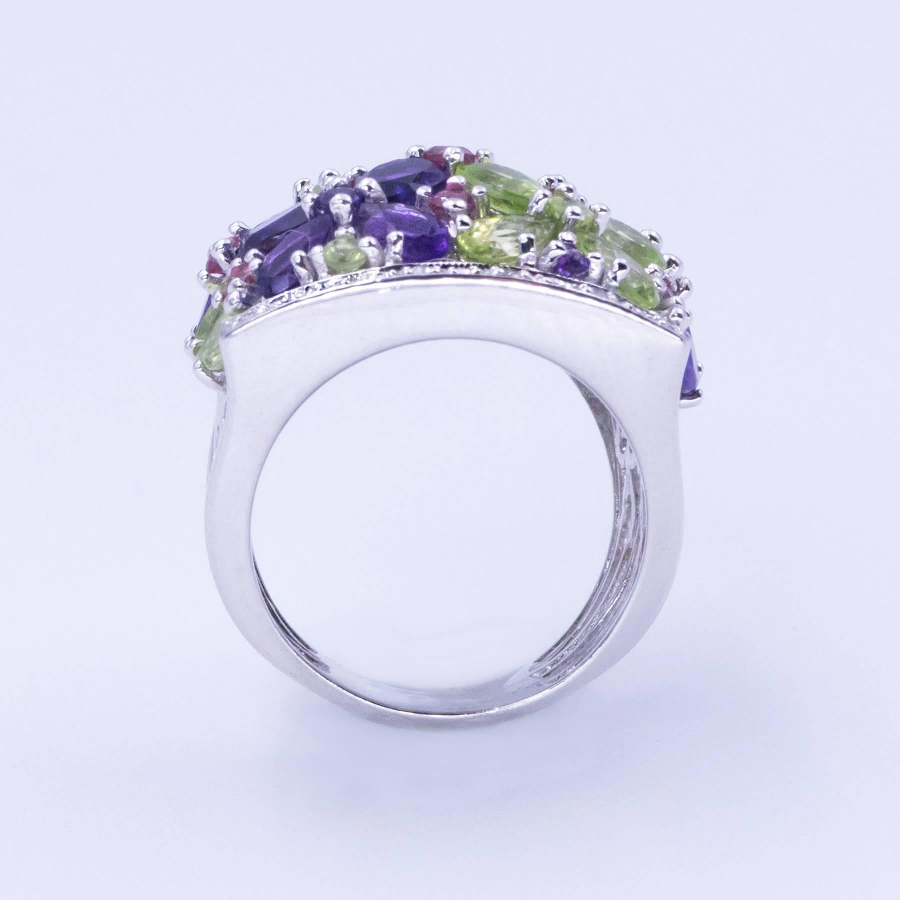 Contemporary Adorable Amethyst Pink Tourmaline Peridot and Diamond Ring For Sale