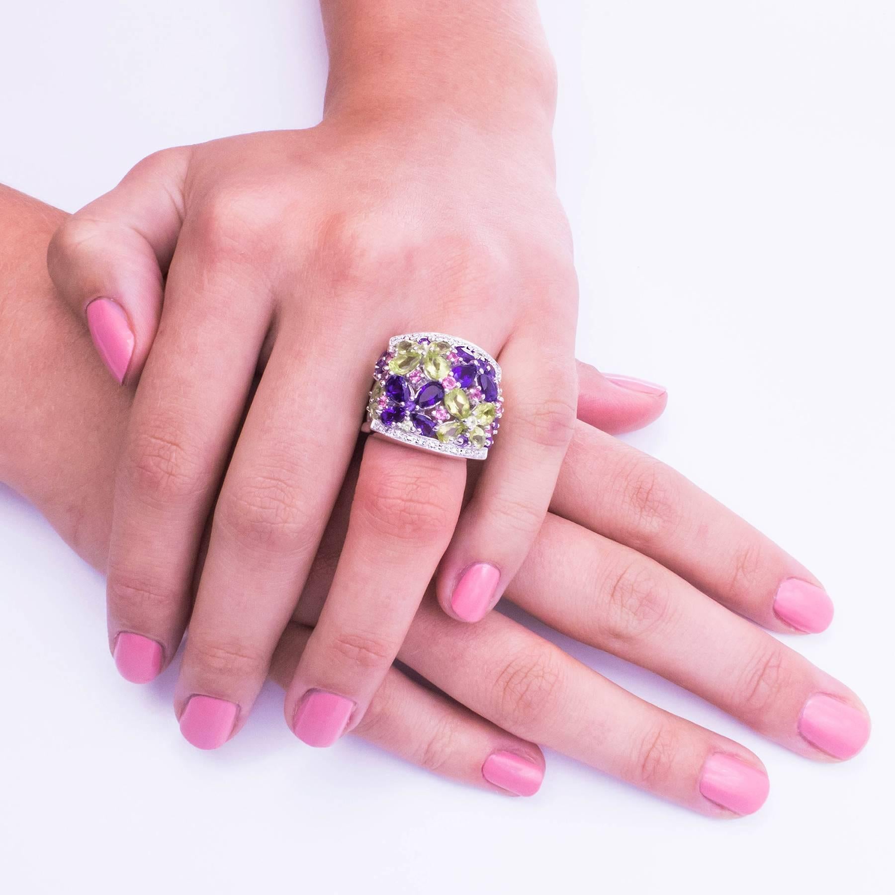 Adorable Amethyst Pink Tourmaline Peridot and Diamond Ring For Sale 1