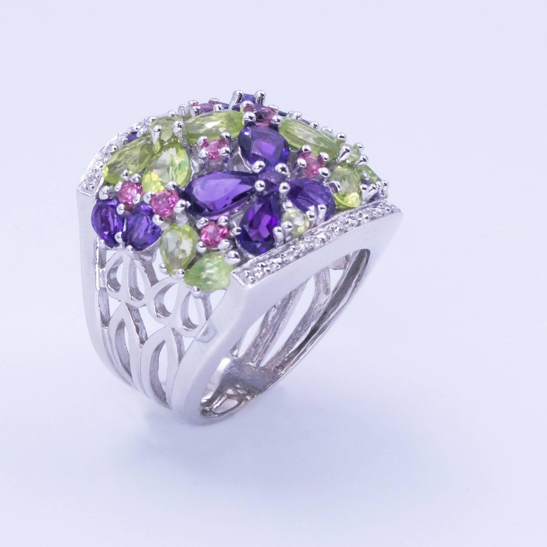 Women's Adorable Amethyst Pink Tourmaline Peridot and Diamond Ring For Sale