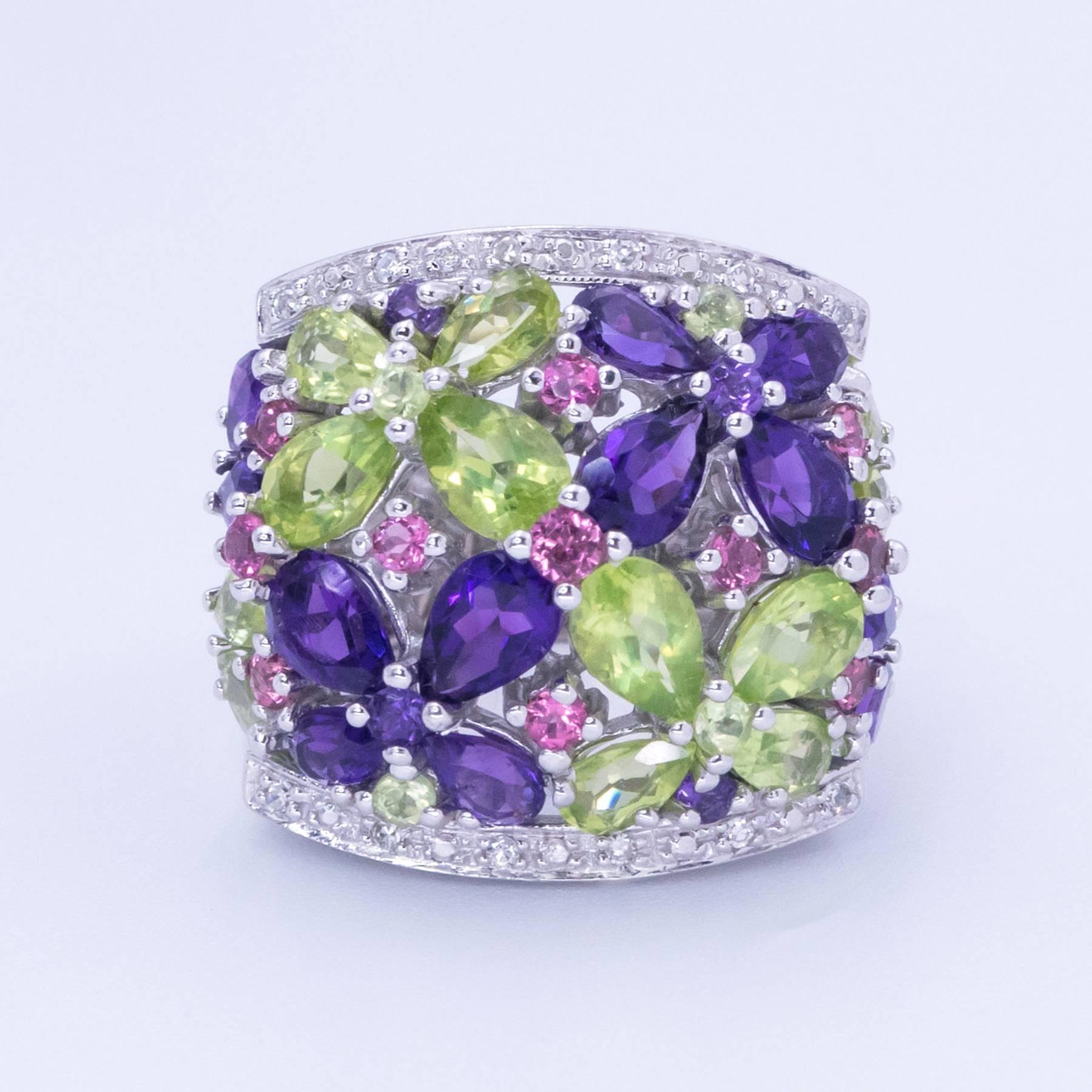 Adorable Amethyst Pink Tourmaline Peridot and Diamond Ring For Sale 3
