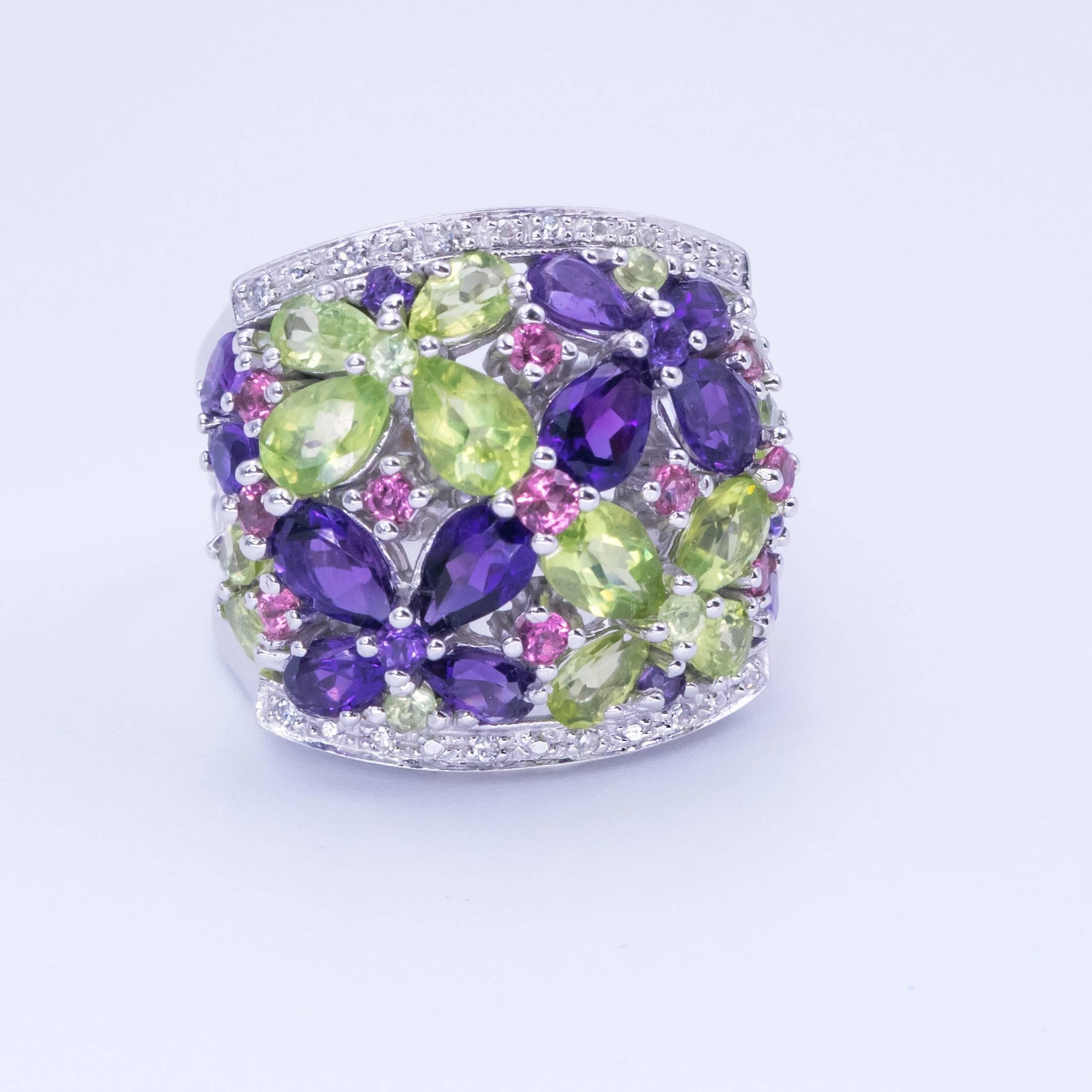 Adorable Amethyst Pink Tourmaline Peridot and Diamond Ring For Sale 2