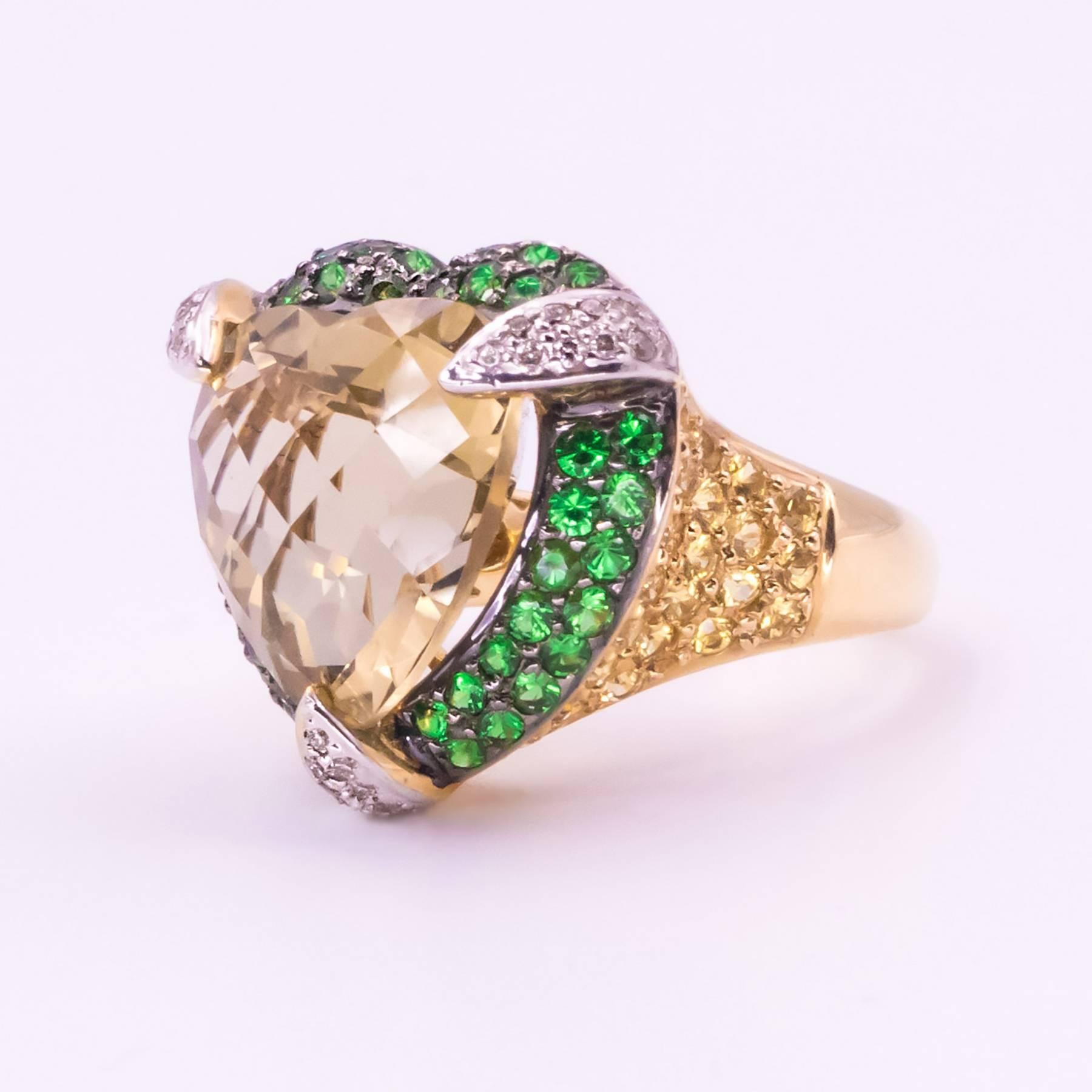 Women's or Men's Heart Shaped Citrine Tsavorite Garnet Sapphire and Diamond Yellow Gold Ring For Sale