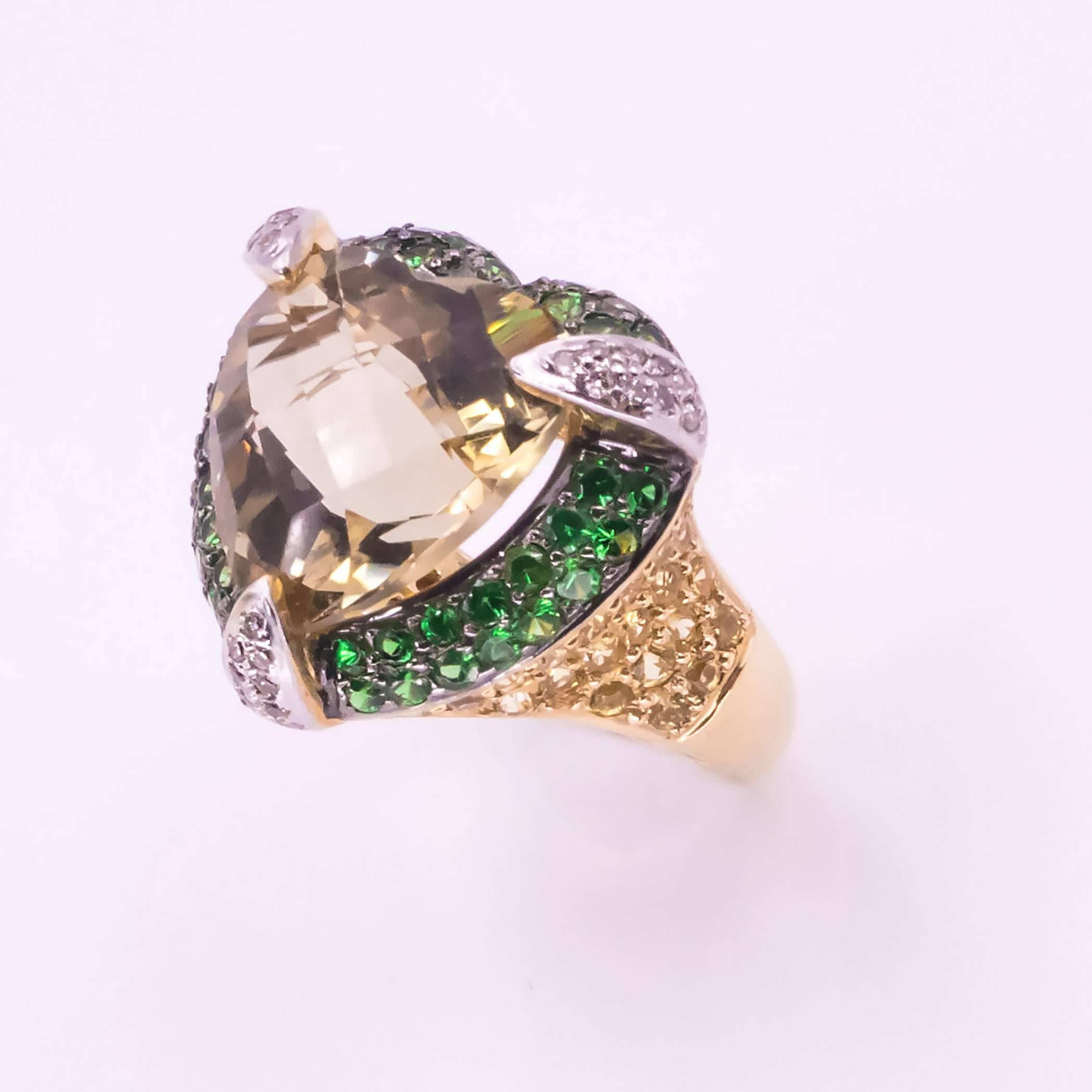Round Cut Heart Shaped Citrine Tsavorite Garnet Sapphire and Diamond Yellow Gold Ring For Sale