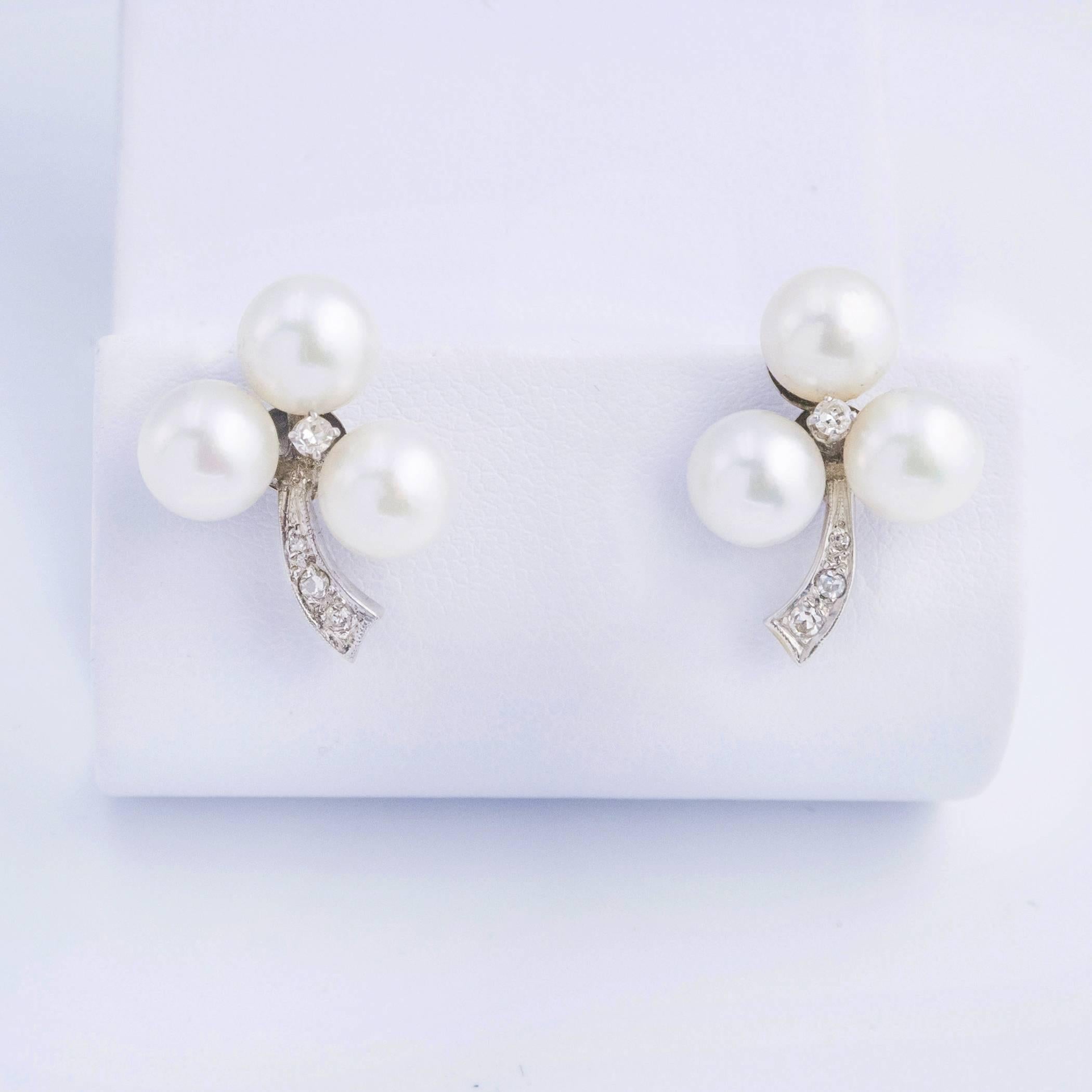 Graceful Cultured Pearl and Diamond Earrings For Sale 1