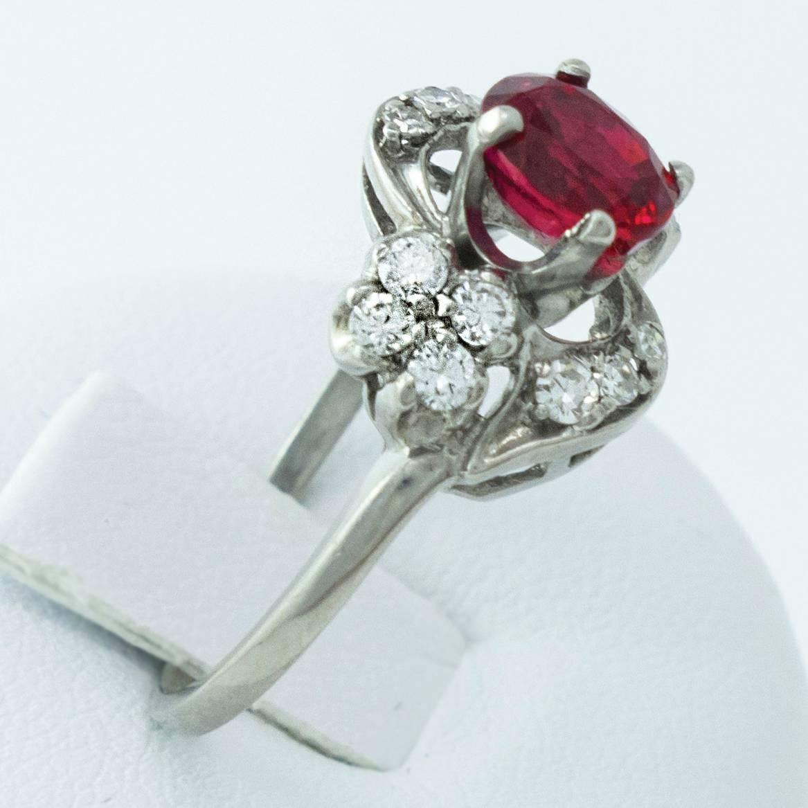 Women's 1.10 Carat Intense Red Ruby Diamond Palladium Ring For Sale