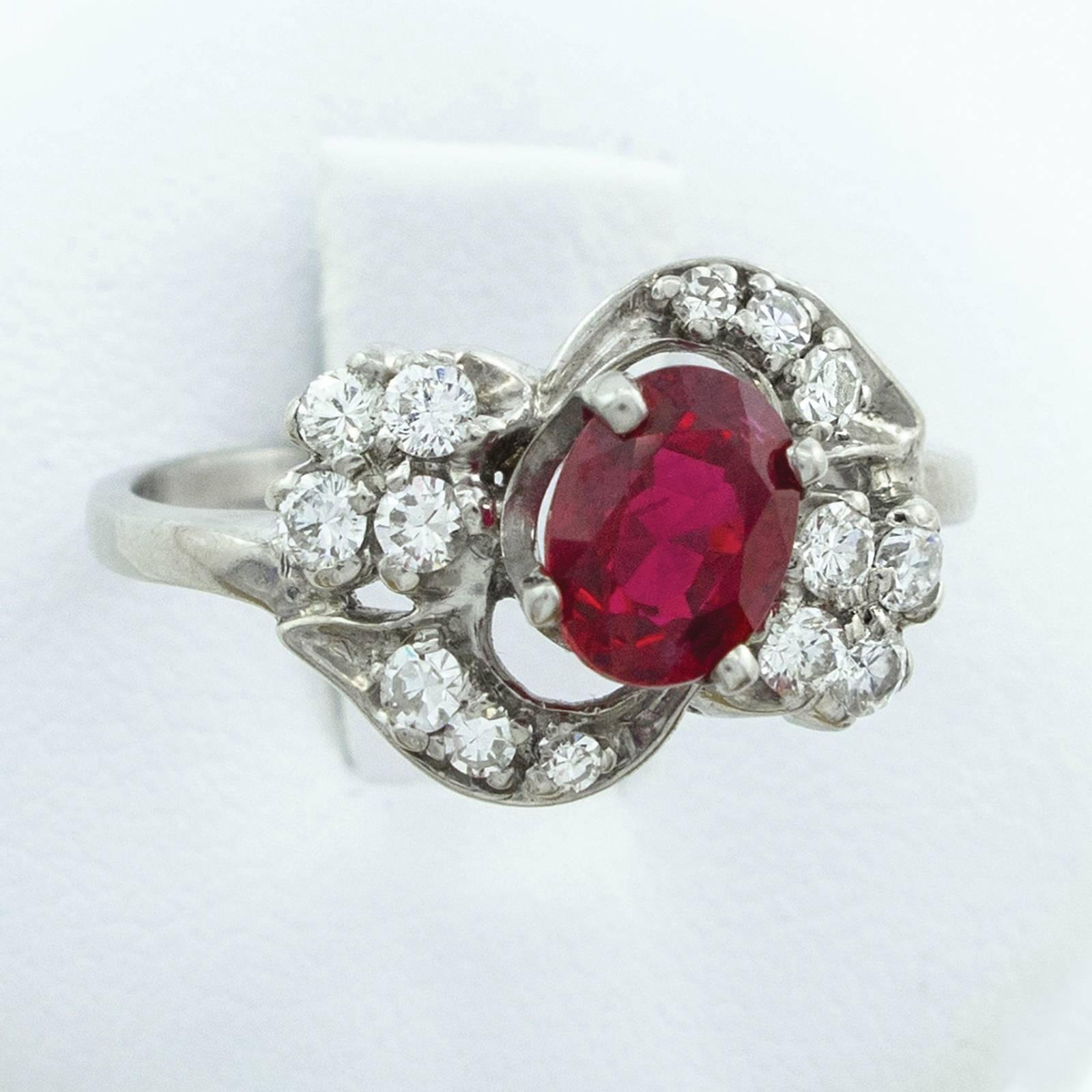 Oval Cut 1.10 Carat Intense Red Ruby Diamond Palladium Ring For Sale