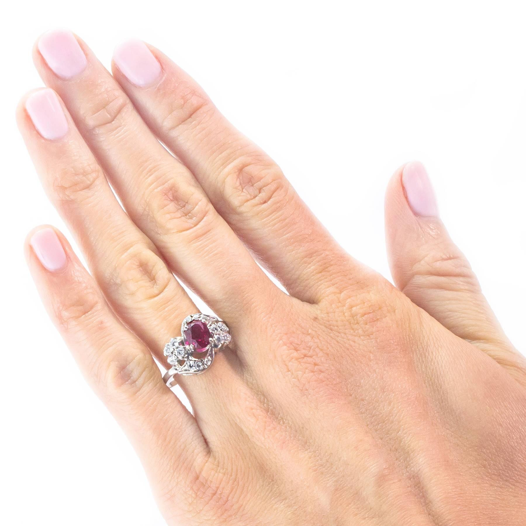 1.10 Carat Intense Red Ruby Diamond Palladium Ring In Good Condition For Sale In Toronto, Ontario