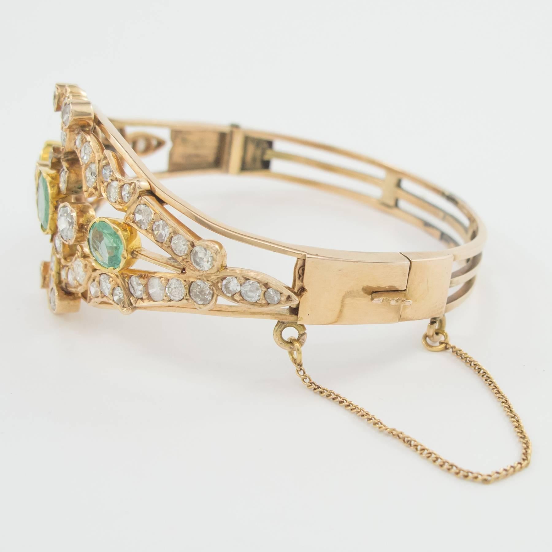 Antique Emerald Diamond Gold Bangle Bracelet For Sale 2
