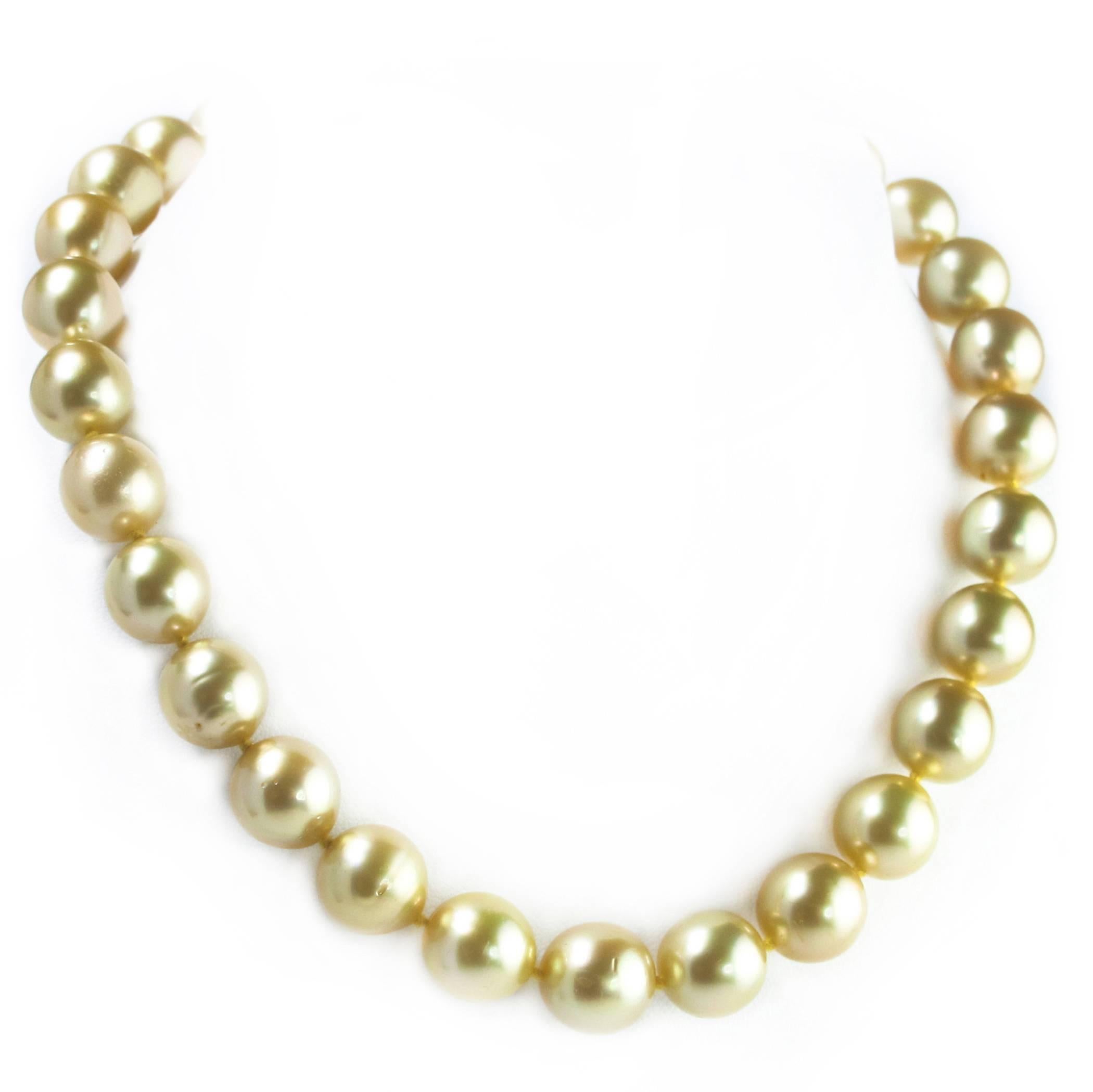 A classic and elegant strand of 12 - 12.5mm Golden South Seas Pearls are hand strung and knotted with a decorative 18K yellow gold clasp.  