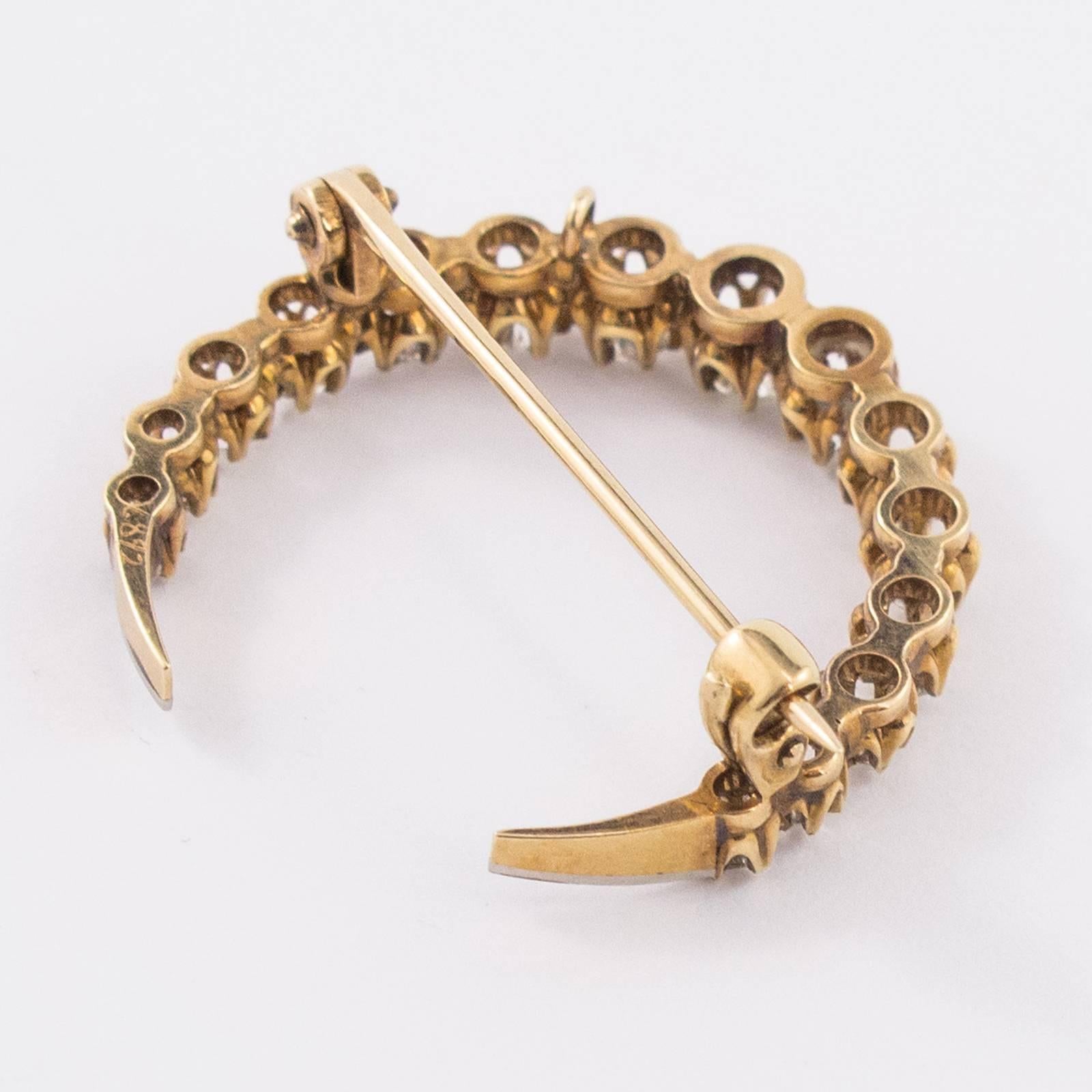 Antique Diamond Gold Platinum Crescent Brooch In Excellent Condition In Toronto, Ontario