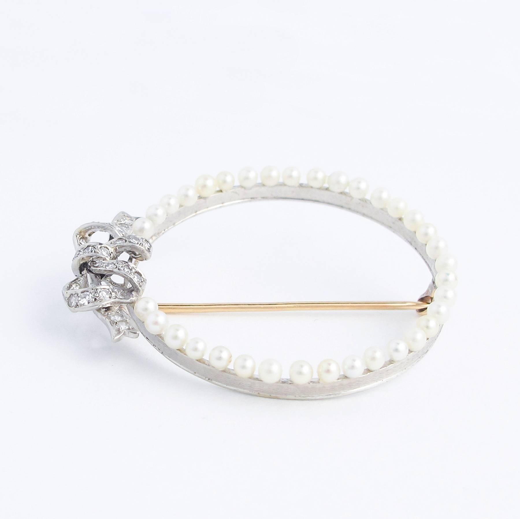 Women's Natural Pearl Diamond Gold Pin, Edwardian