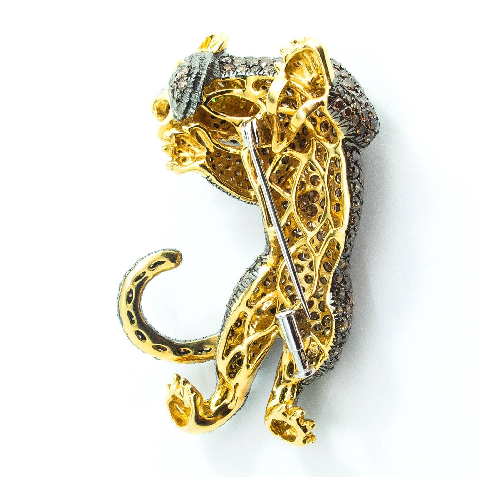 Fancy Brown Pave Diamond Gold Panther Brooch For Sale 1