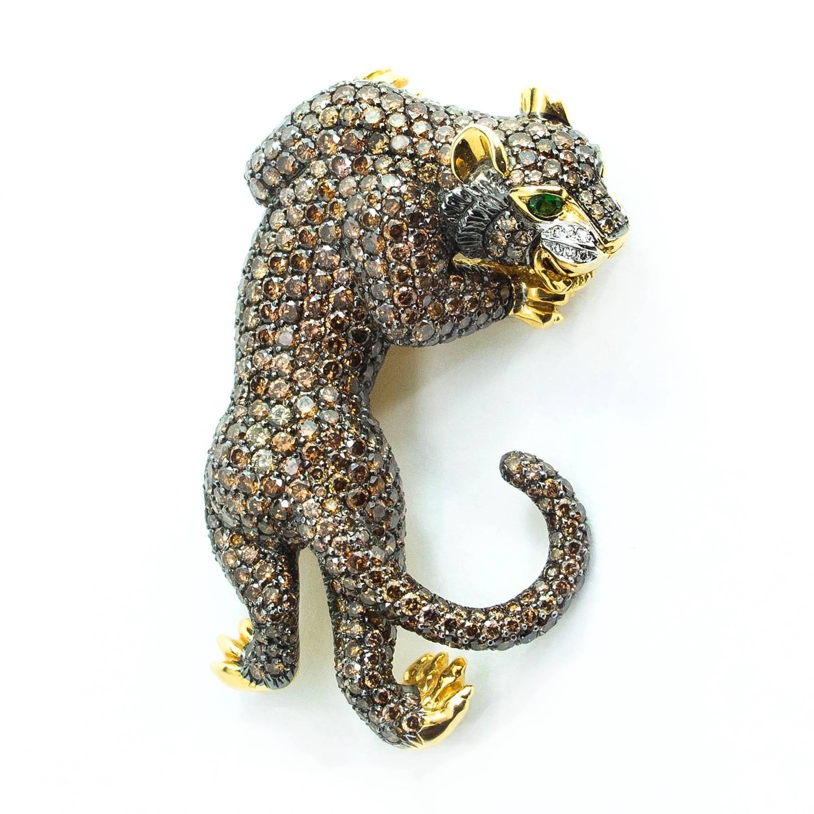 Women's Fancy Brown Pave Diamond Gold Panther Brooch For Sale