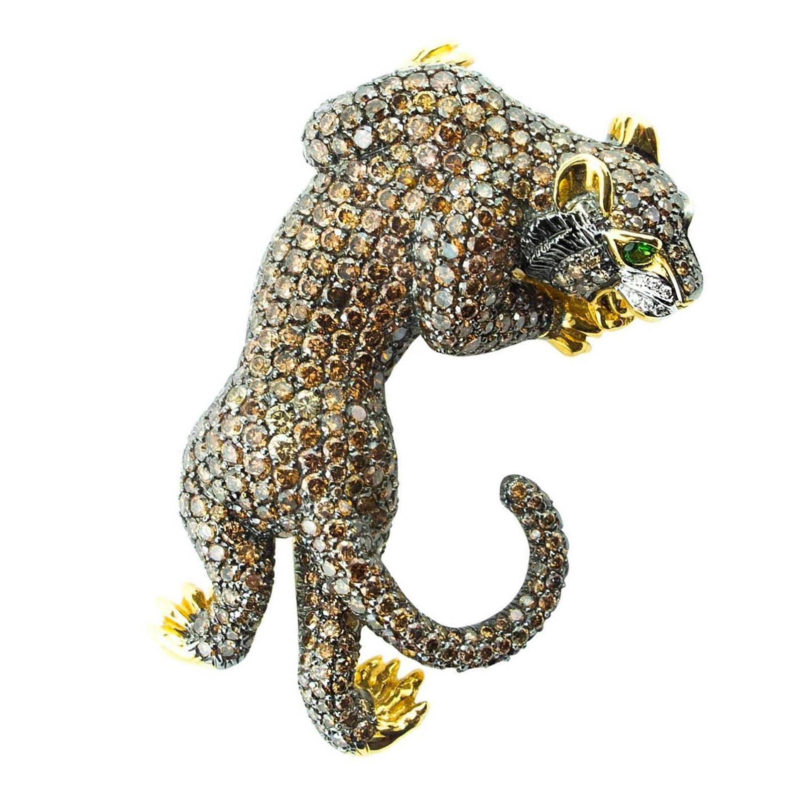 Fancy Brown Pave Diamond Gold Panther Brooch For Sale