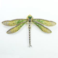 GIA Certified Diamond Sapphire Tsavorite Gold Dragonfly Brooch
