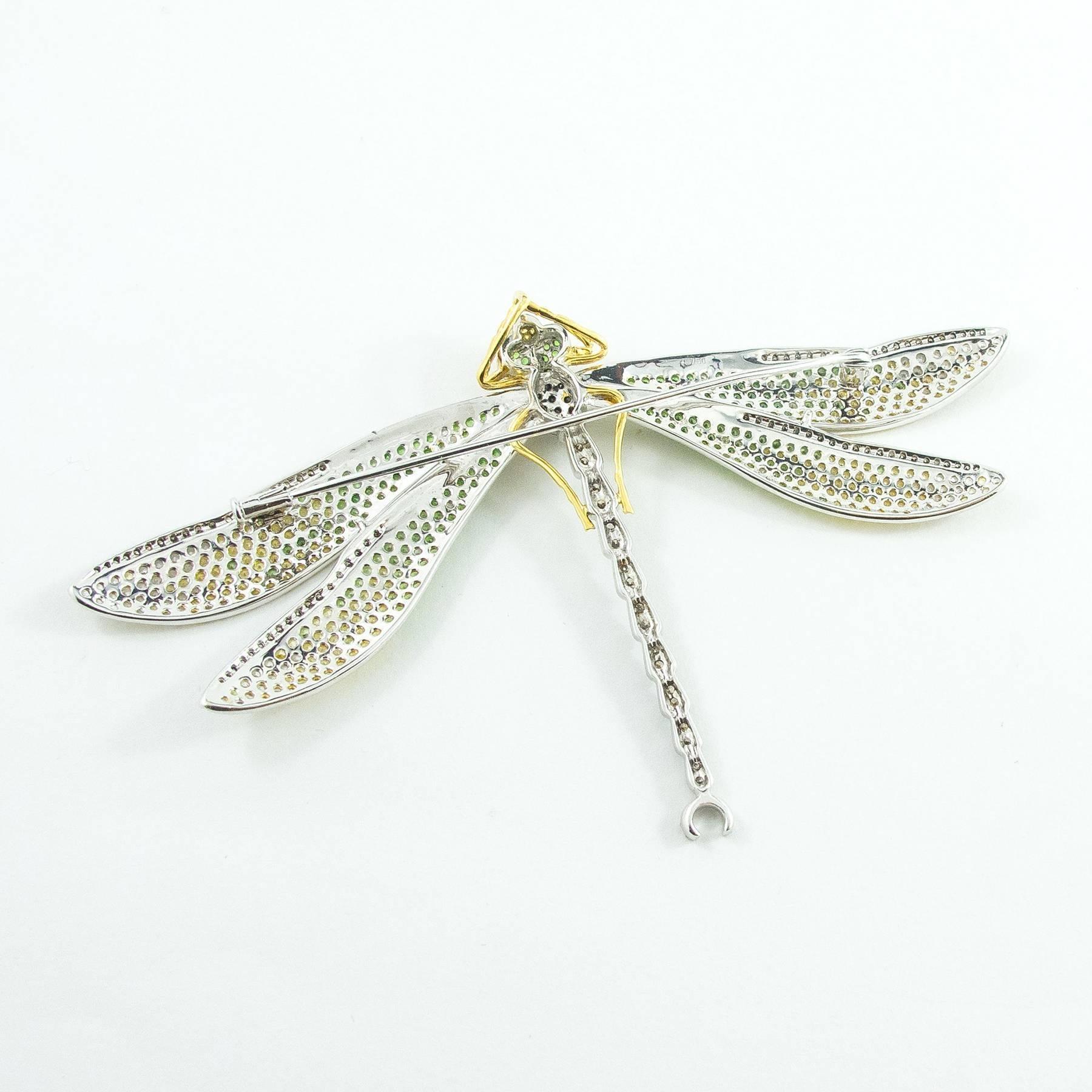 Women's GIA Certified Diamond Sapphire Tsavorite Gold Dragonfly Brooch For Sale