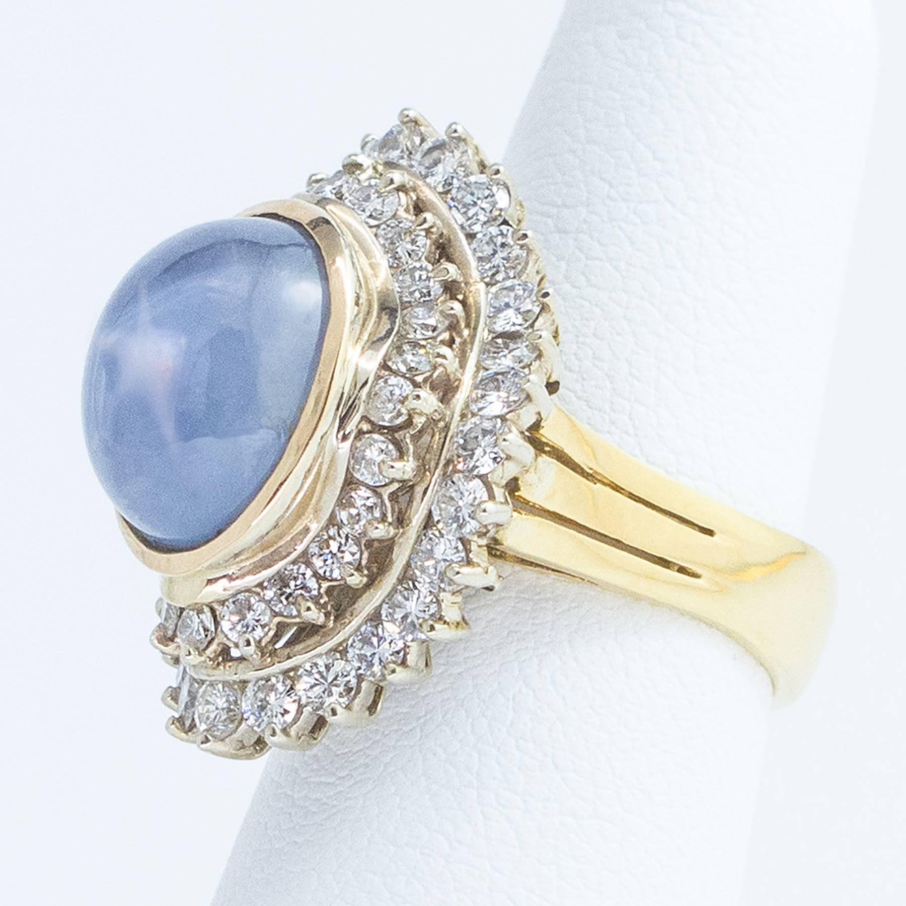 Blue Star Sapphire Diamond Ballerina Style Ring In Excellent Condition In Toronto, Ontario