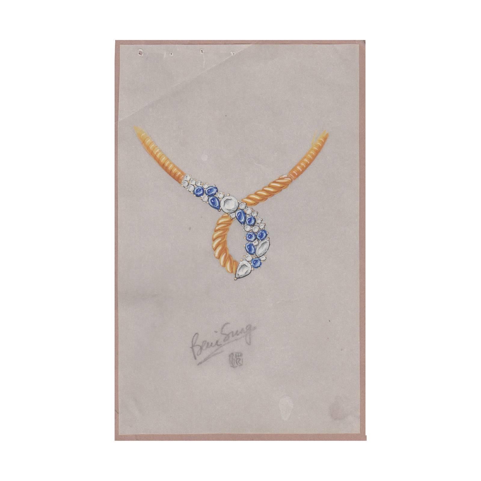 Beni Sung Aquamarine Diamond Sapphire Gold Necklace with Original Drawing For Sale 2
