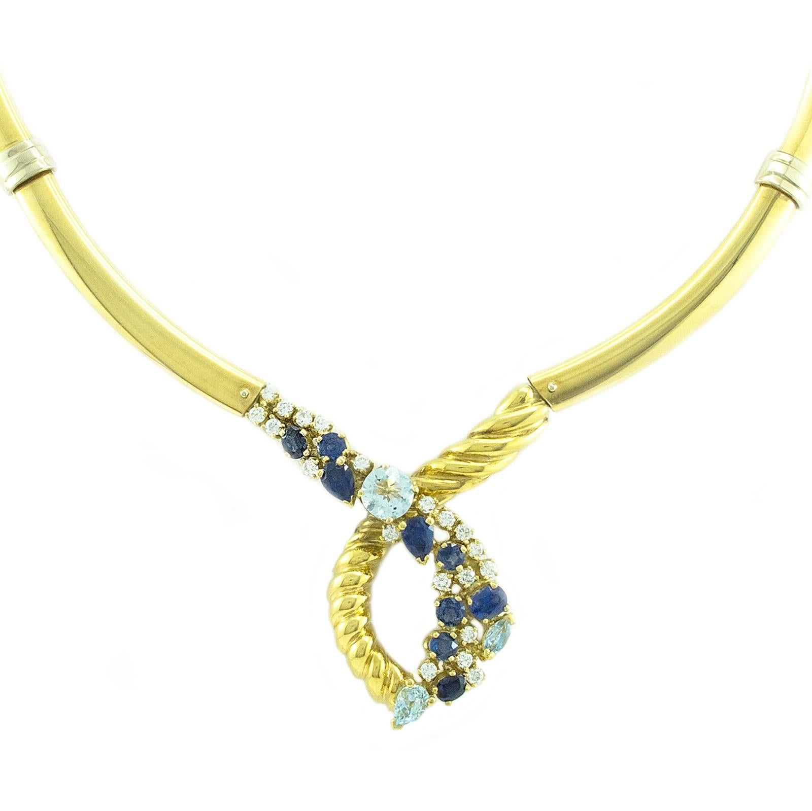 Beni Sung Aquamarine Diamond Sapphire Gold Necklace with Original Drawing For Sale