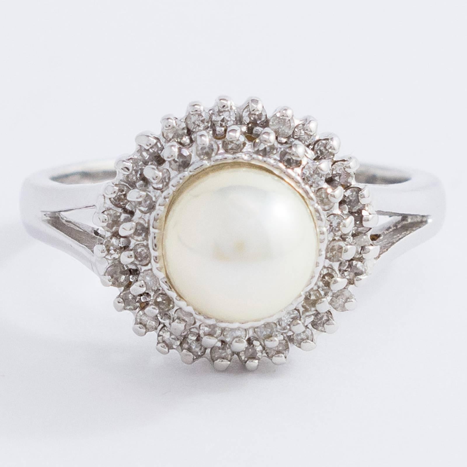 Akoya Pearl and Diamond White Gold Ring For Sale 2