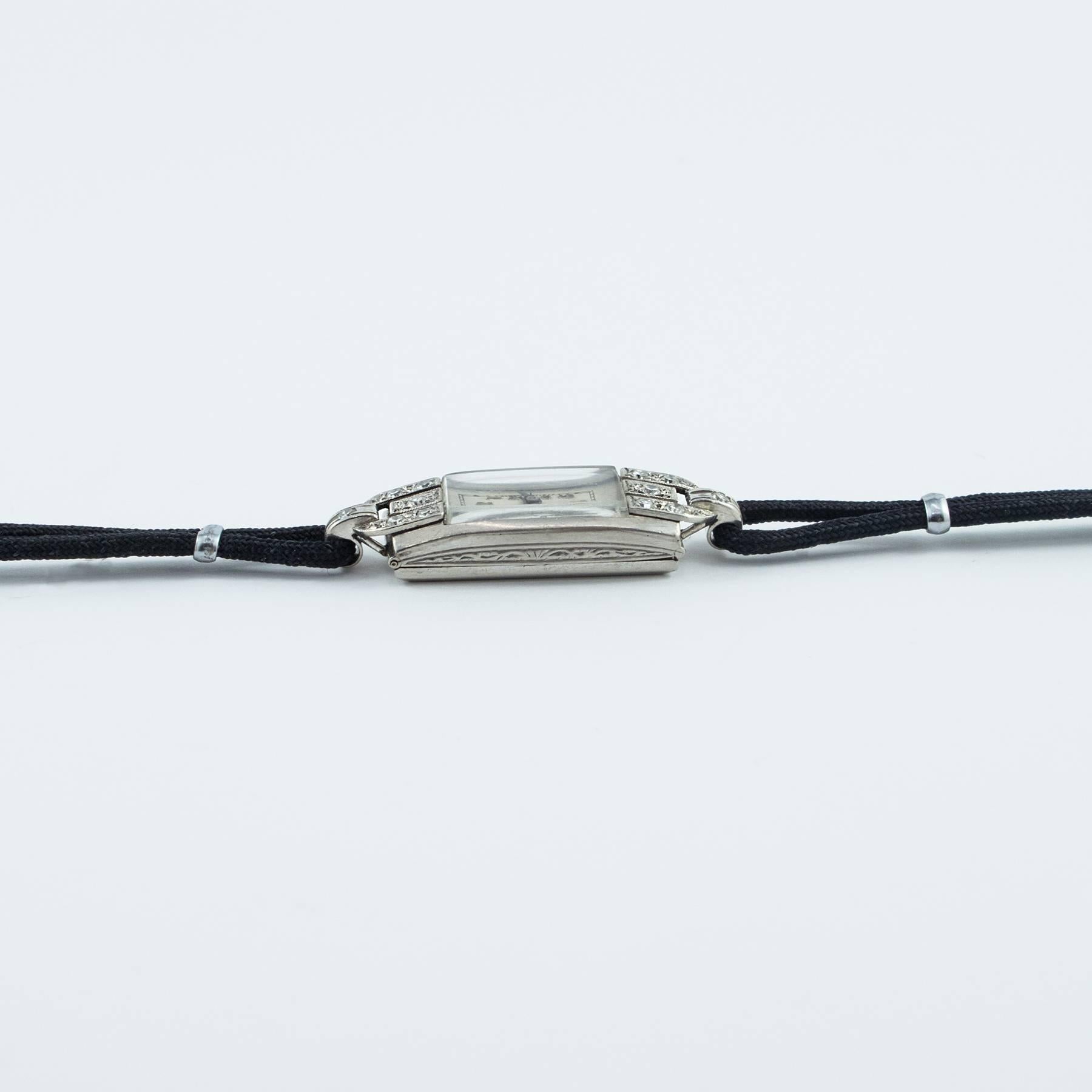 Art Deco Ladies Platinum Diamond Wristwatch In Excellent Condition For Sale In Toronto, Ontario