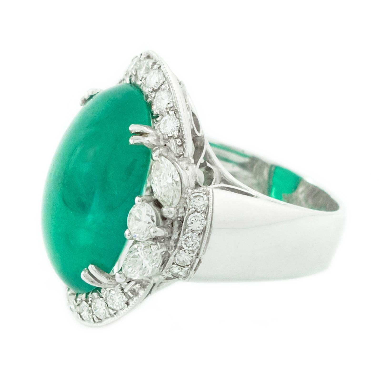 Women's 12.17 Carat Colombian Cabochon Cut Emerald Diamond White Gold Ring  For Sale