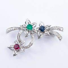 Diamond, Emerald, Ruby and Blue Sapphire Brooch set in Platinum