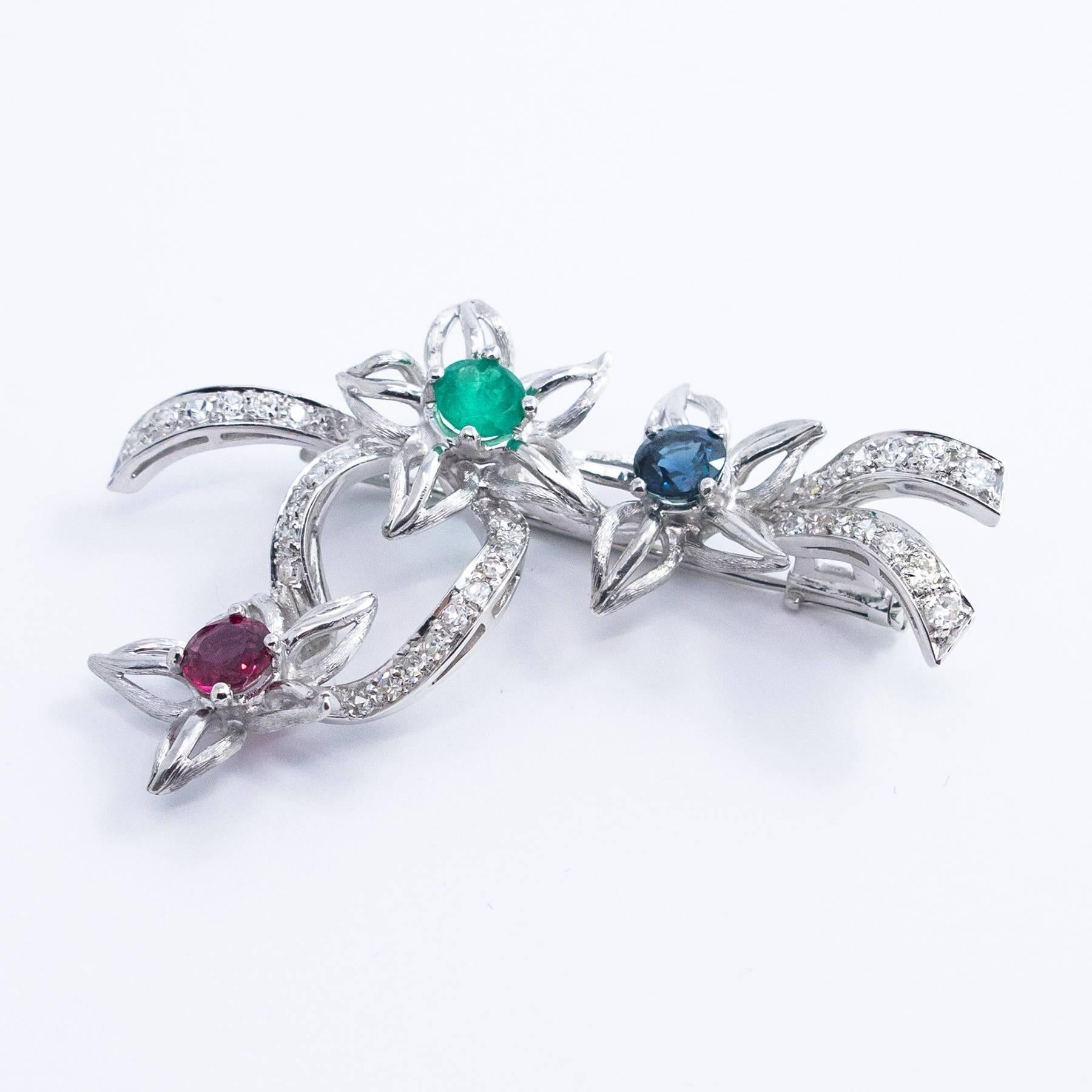 Women's or Men's Diamond, Emerald, Ruby and Blue Sapphire Brooch set in Platinum For Sale