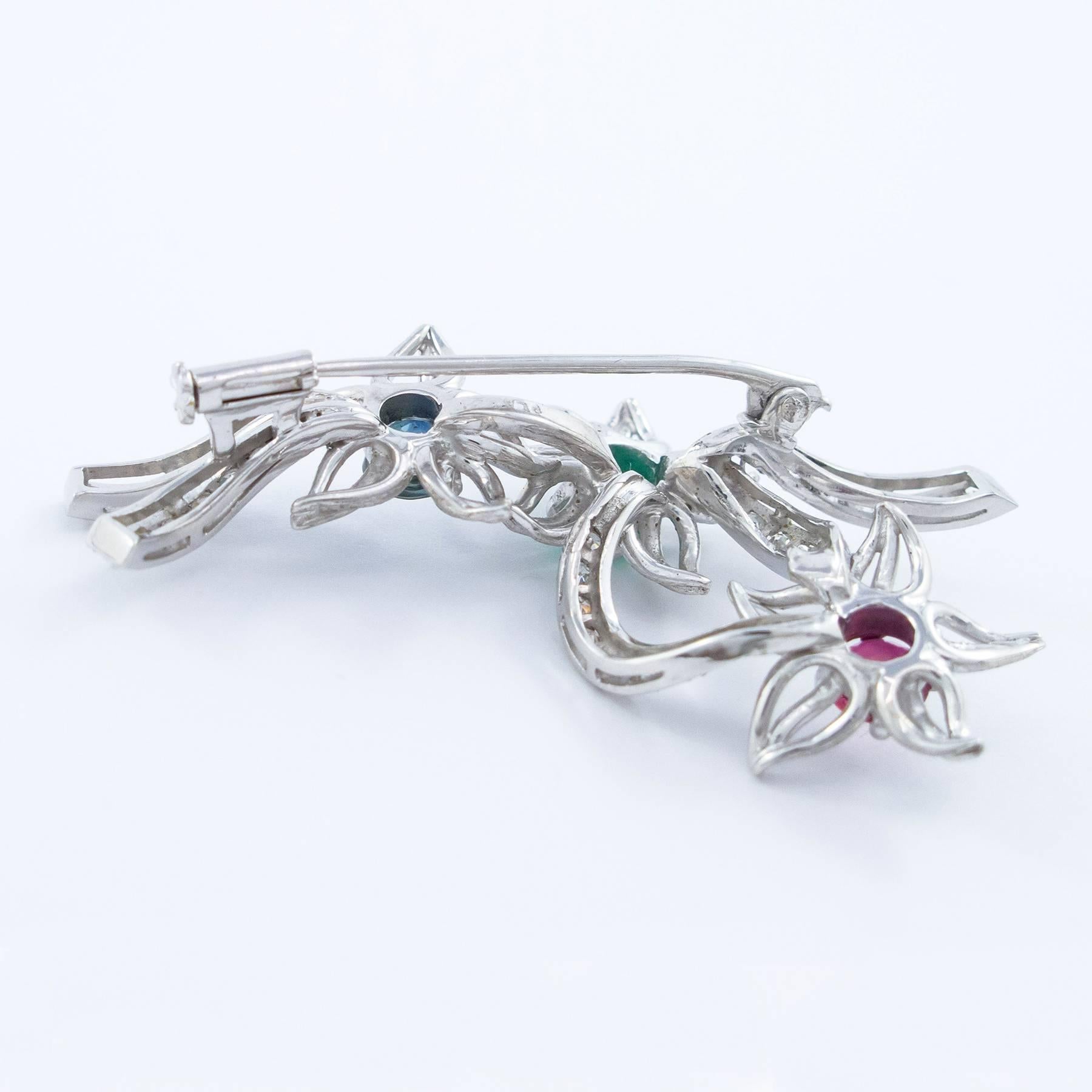 Diamond, Emerald, Ruby and Blue Sapphire Brooch set in Platinum For Sale 2