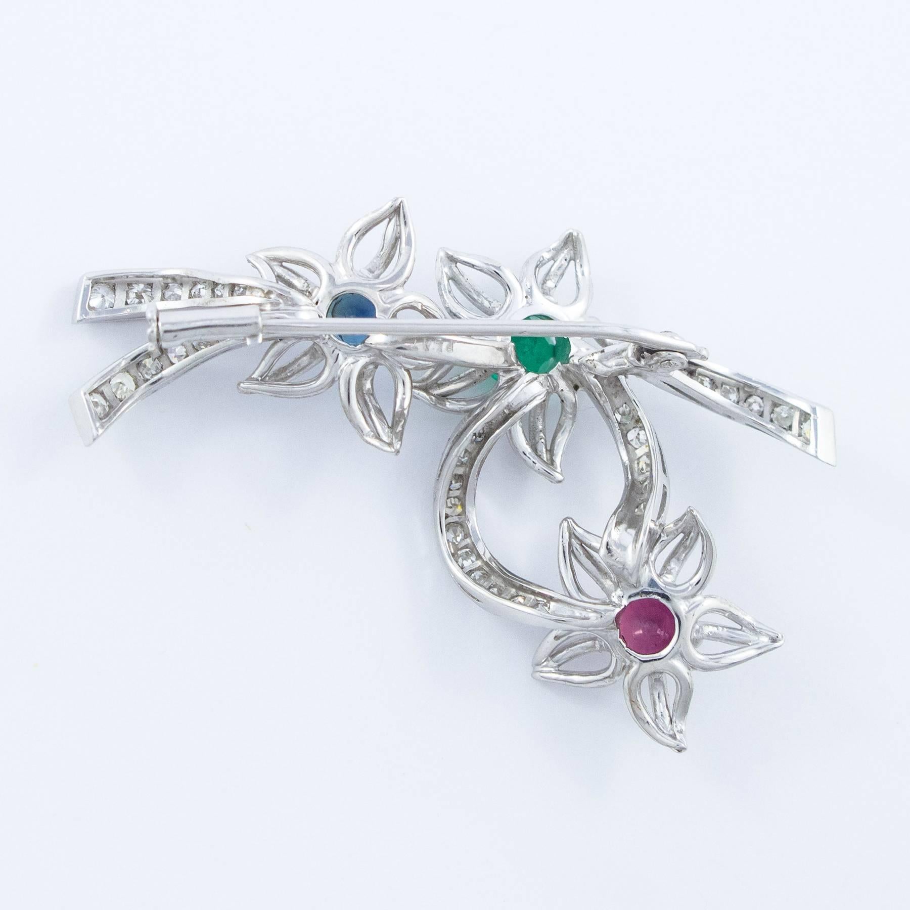 Diamond, Emerald, Ruby and Blue Sapphire Brooch set in Platinum For Sale 1