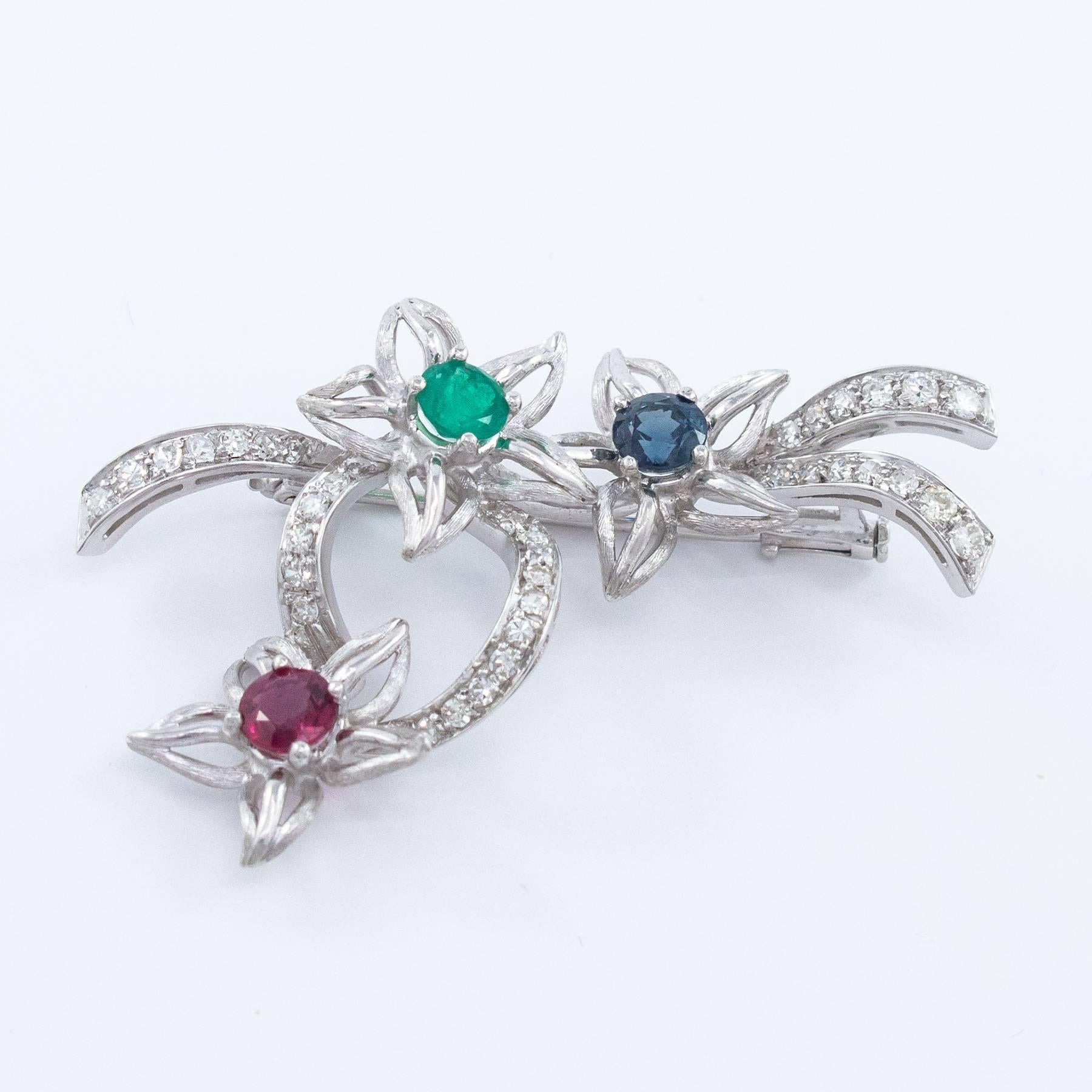 Diamond, Emerald, Ruby and Blue Sapphire Brooch set in Platinum In Excellent Condition For Sale In Toronto, Ontario