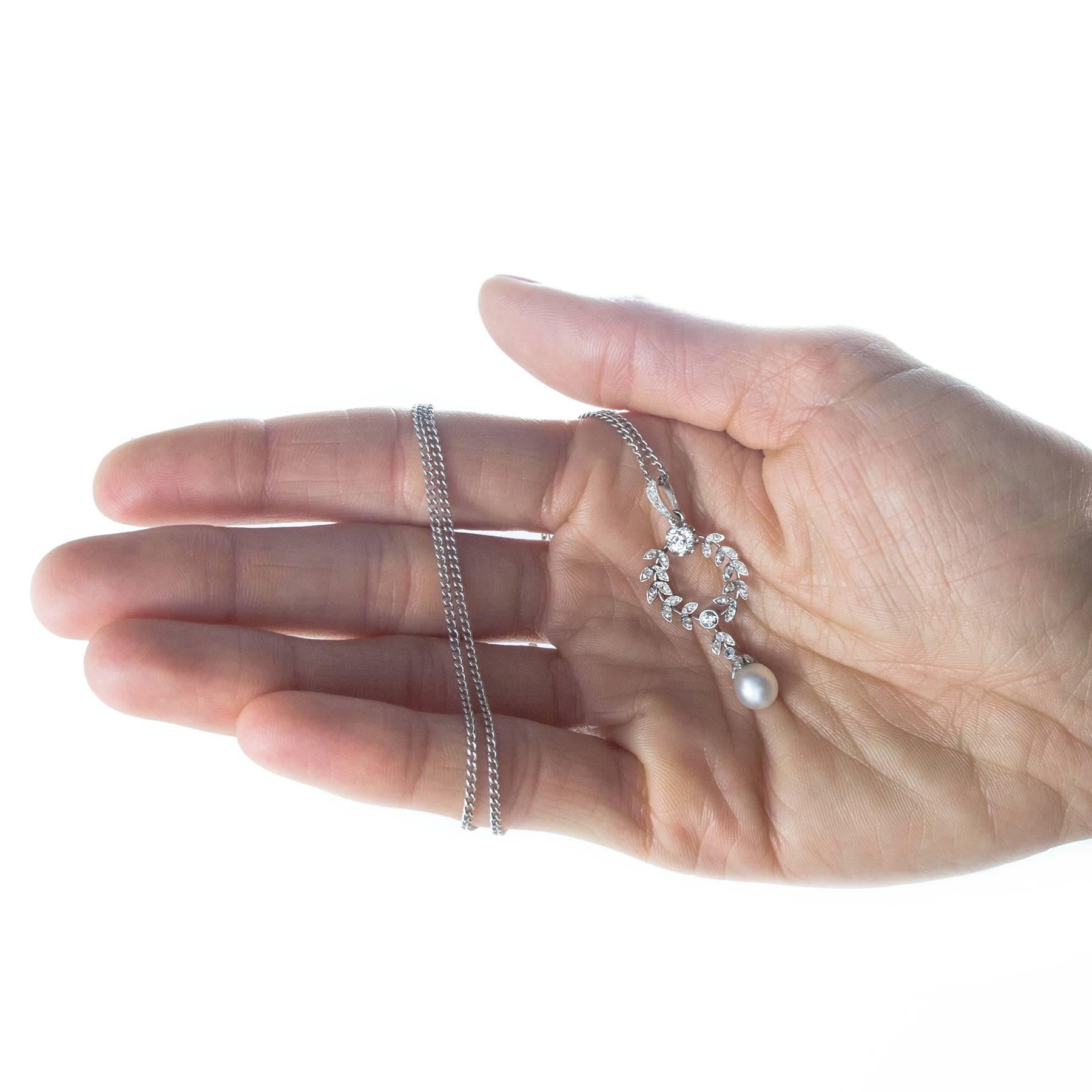 Belle Époque Pearl Diamond Platinum Necklace   For Sale 1