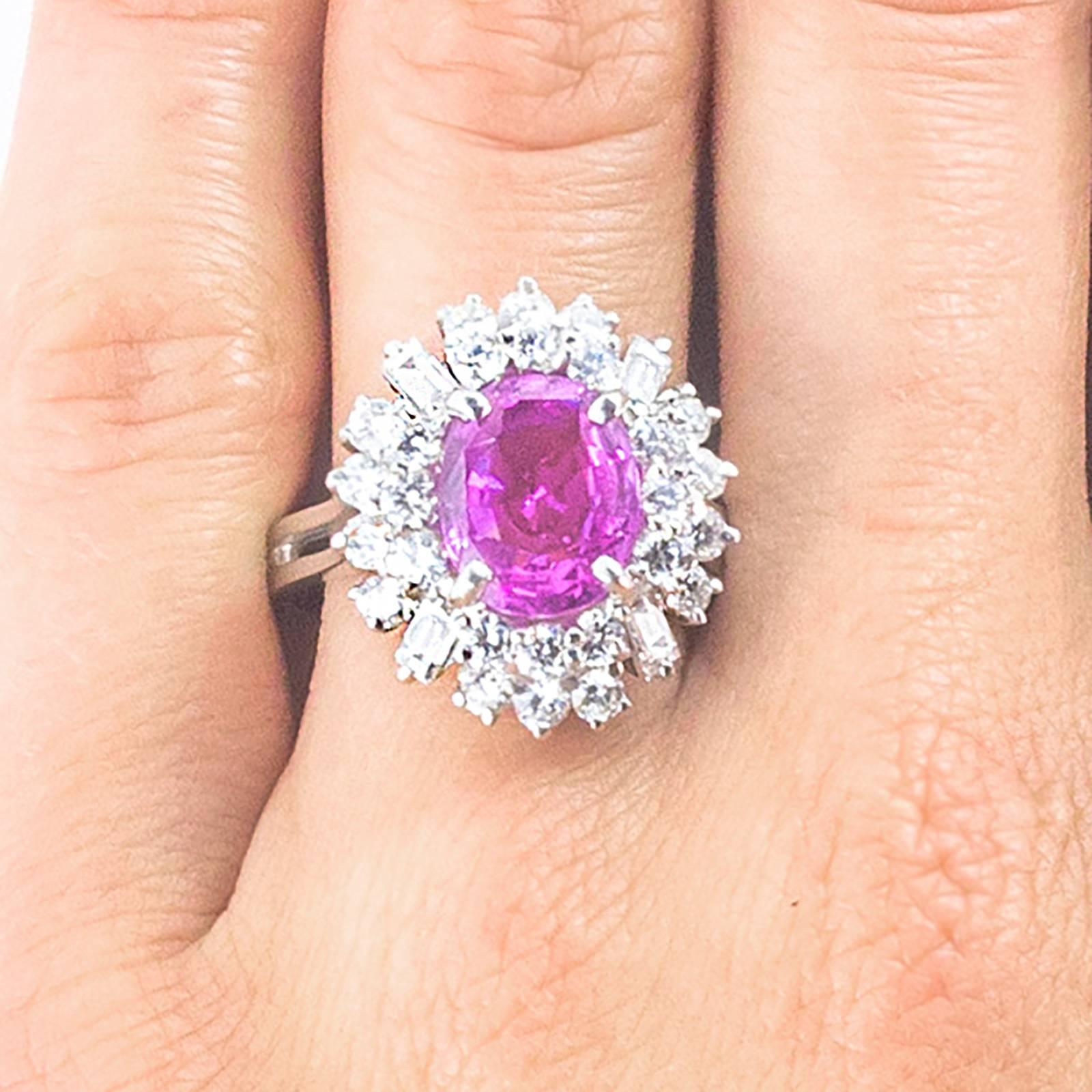 Oval Cut Pink Sapphire Diamond Platinum Cluster Ring  For Sale 1