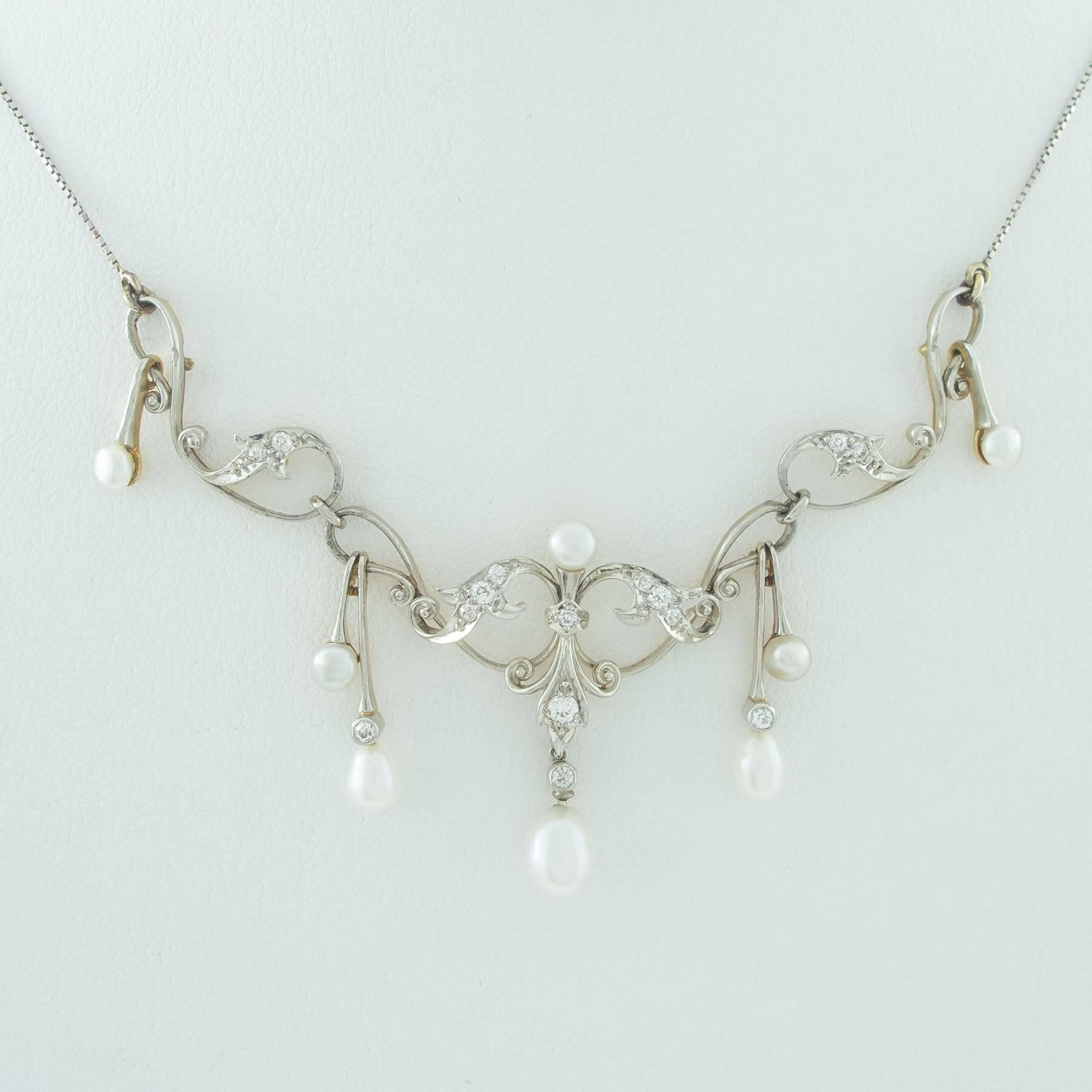 Women's Edwardian Diamond Pearl Gold Garland Necklace For Sale