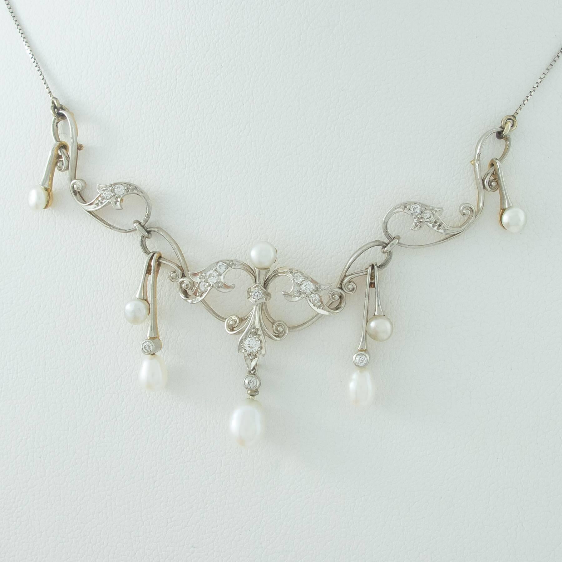 Edwardian Diamond Pearl Gold Garland Necklace For Sale 1