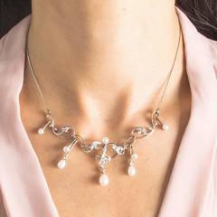 Edwardian Diamond Pearl Gold Garland Necklace