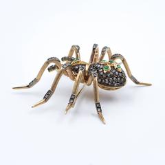 Emerald Diamond Pink and Yellow Gold Handcrafted Spider Brooch