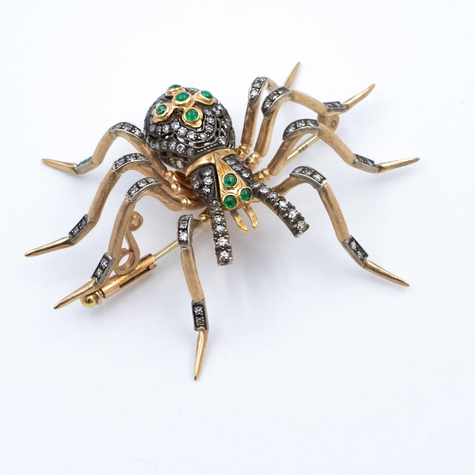 Emerald Diamond Pink and Yellow Gold Handcrafted Spider Brooch In Excellent Condition For Sale In Toronto, Ontario
