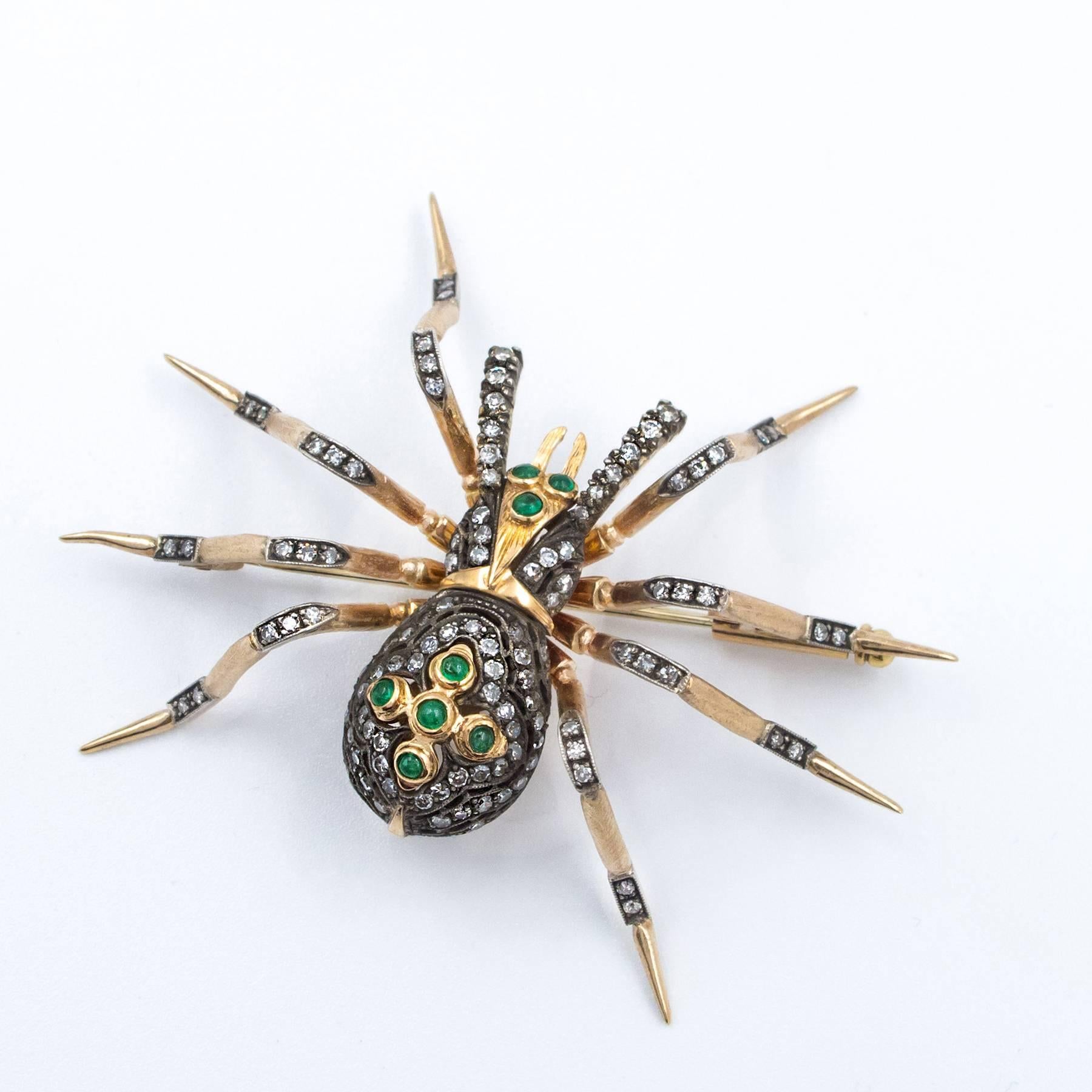 Emerald Diamond Pink and Yellow Gold Handcrafted Spider Brooch For Sale 1