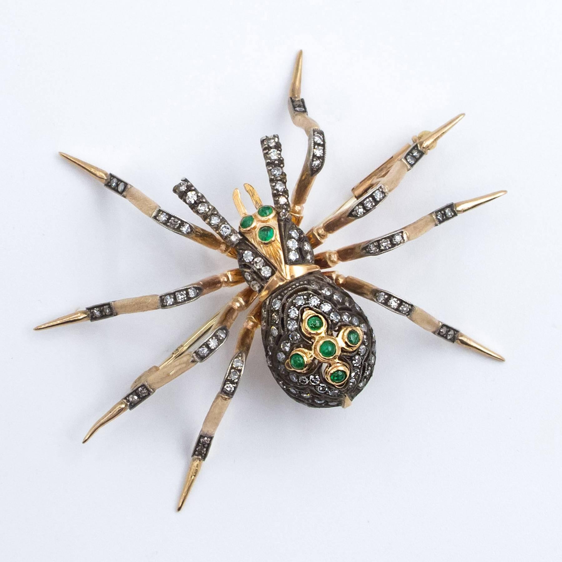 Emerald Diamond Pink and Yellow Gold Handcrafted Spider Brooch For Sale 2