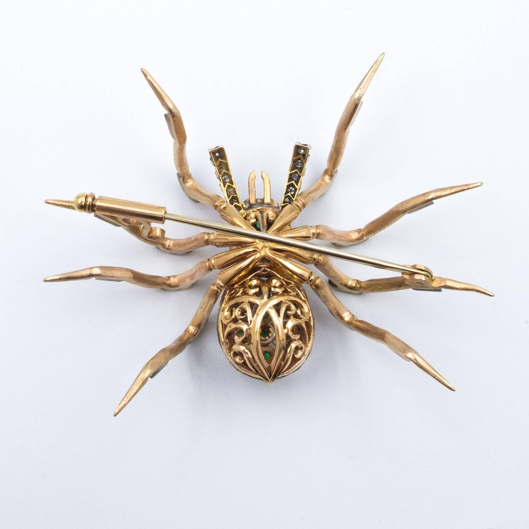 Emerald Diamond Pink and Yellow Gold Handcrafted Spider Brooch For Sale 3