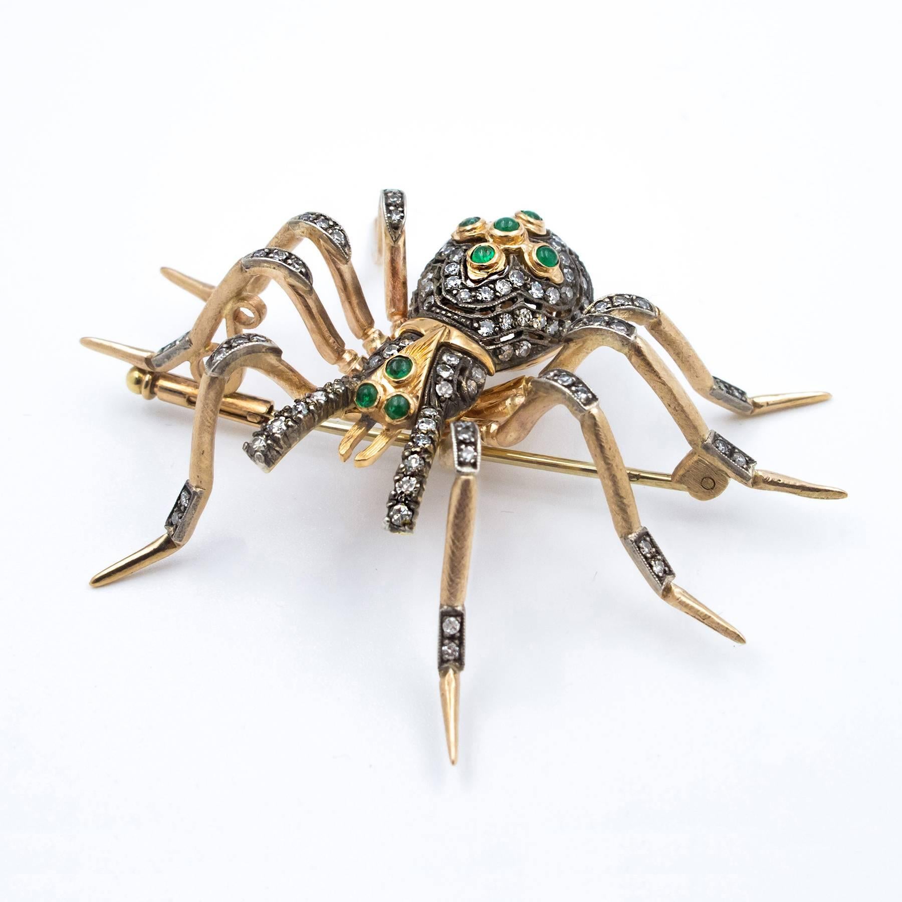 Women's Emerald Diamond Pink and Yellow Gold Handcrafted Spider Brooch For Sale