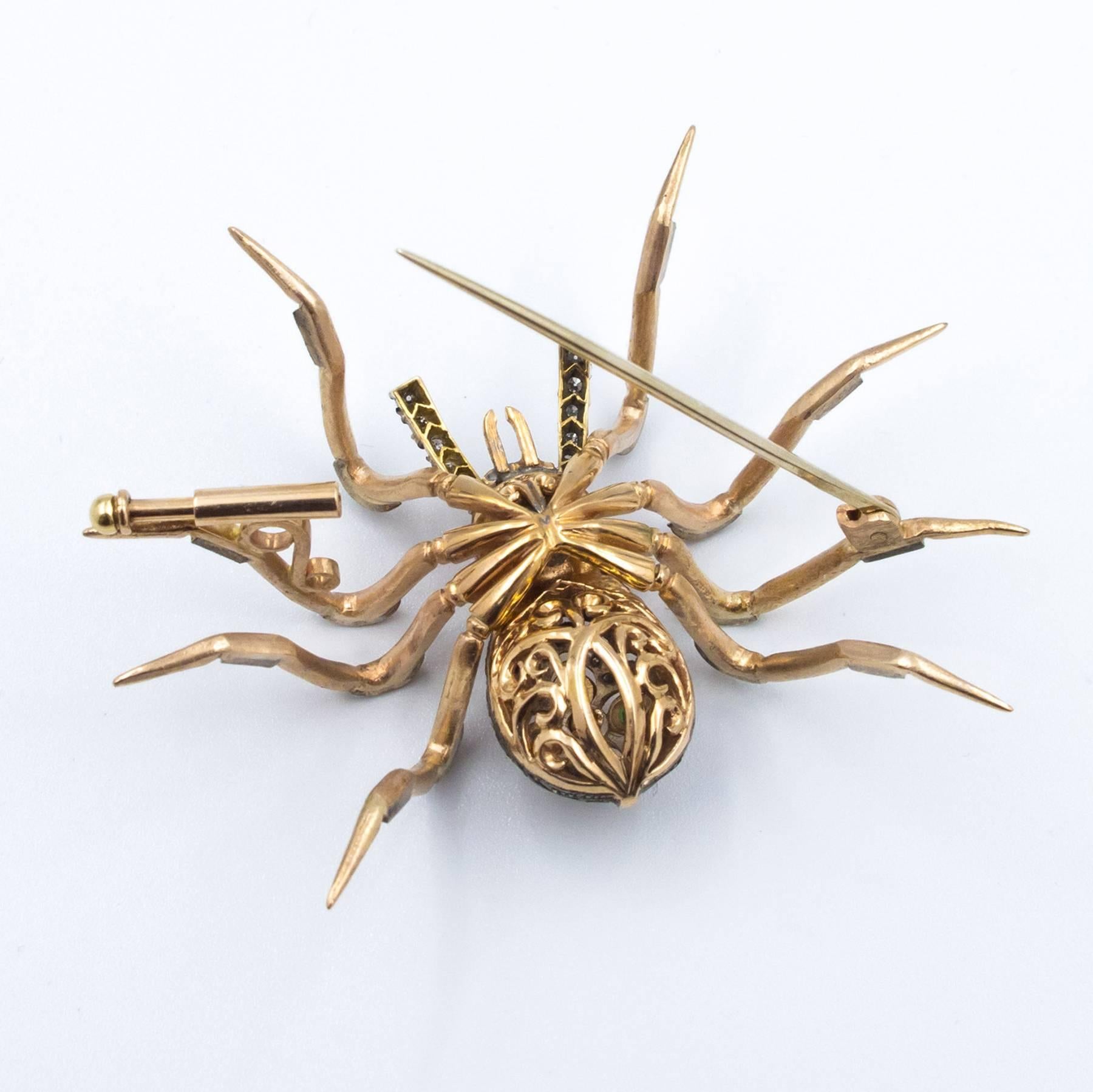 Emerald Diamond Pink and Yellow Gold Handcrafted Spider Brooch For Sale 4