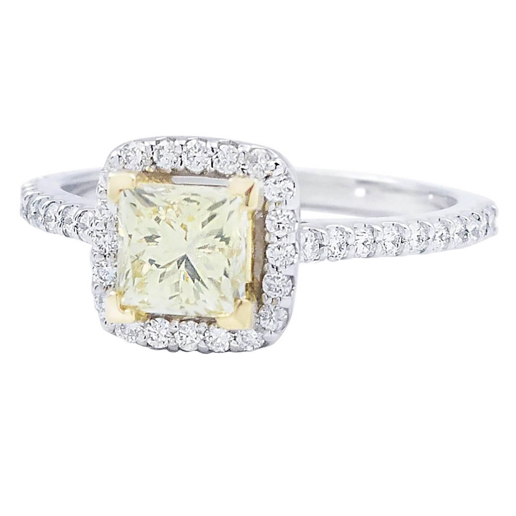 GIA Certified Natural Fancy Light Yellow and White Diamond Engagement Ring For Sale
