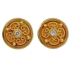 Antique Etruscan Revival Round Diamond Button Gold Earrings