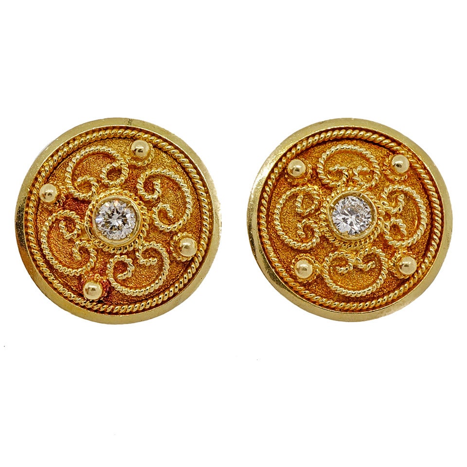 Etruscan Revival Round Diamond Button Gold Earrings